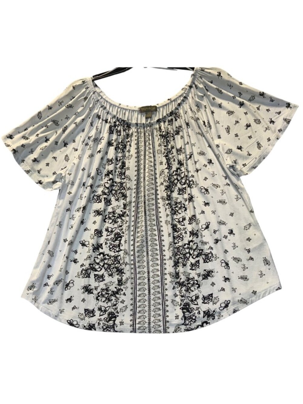 Style & Co Womens XL Shirring Top Bright White Combo Floral Print